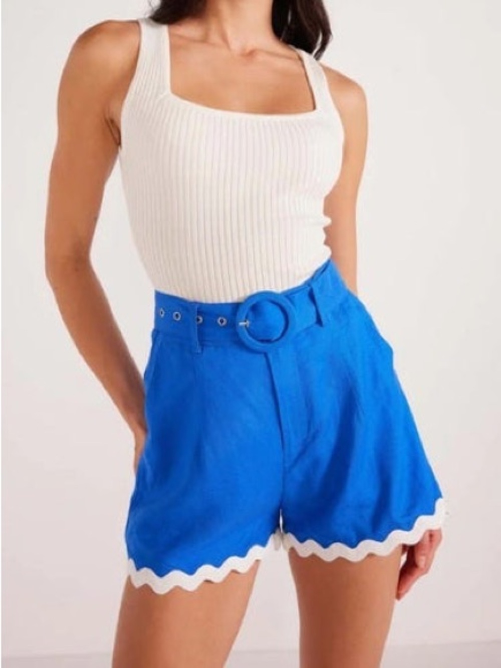 MinkPink Blue Florence Rikrak Belted Shorts Size Large